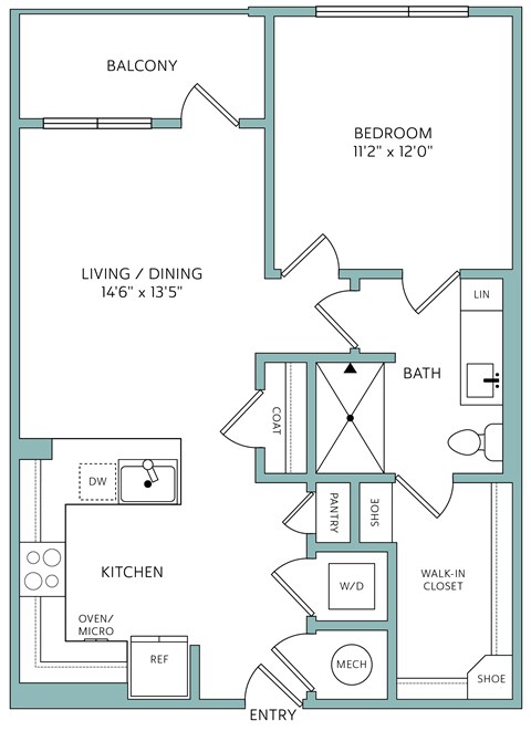 Floor plan for 1 bed, 1 bath, 645 sqft